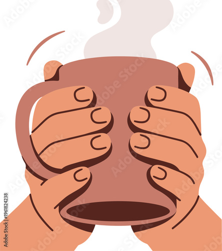 Hands warming with a steaming hot mug on a cold day indoors