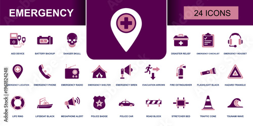 Emergency icon set. Containing AED device, backup, disaster relief, emergency phone, shelter, siren, fire extinguisher, police car, traffic cone, tsunami wave and more. Solid vector icons.