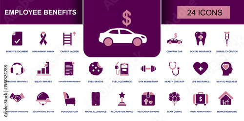 Employee benefits icon set. Containing company car, dental insurance, health checkup, life insurance, travel reimbursement, work from home, wellness support and more. Solid vector icons.