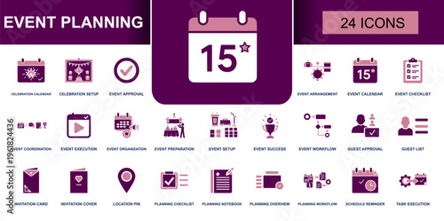 Event planning icon set. Containing calendar, celebration setup, guest list, invitation card, location pin, planning notebook, workflow, schedule reminder and more. Solid vector icons.