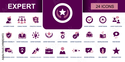 Expert icon set. Containing authority figure, consult board, credential overview, expert badge, expert consultation, knowledge base, peer review, skill mastery and more. Solid vector icons.