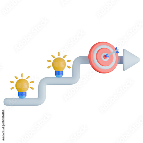 3D Idea to Business Success Path with Lightbulb and Target Illustration. Development to Goal Achievement concept.