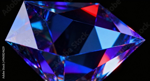 Abstract colorful multifaceted prism with blue purple and red light reflections on black background, banner, backdrop design, noisy texture