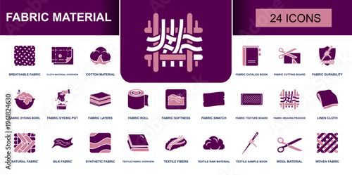 Fabric material icon set. Containing breathable fabric, cotton, fabric roll, swatch, linen cloth, silk fabric, wool material, woven texture, textile fibers and more. Solid vector icons.