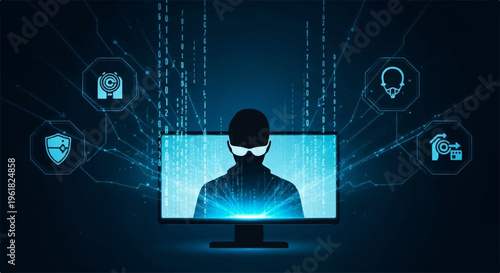 Hacker in front of computer screen with icons cybercrime and digital surveillance concept