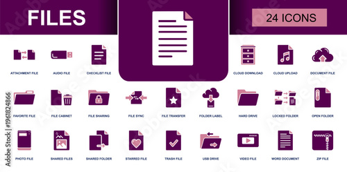 Files icon set. Containing attachment file, audio file, checklist file, cloud upload, document file, file sharing, folder label, USB drive, video file, zip file and more. Solid vector icons.