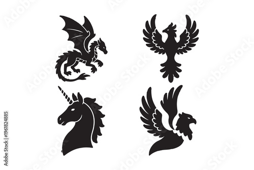 Mythical creatures silhouette set, dragon and phoenix icons, unicorn and griffin vector illustrations, 4 fantasy animal mascots for gaming and heraldry
