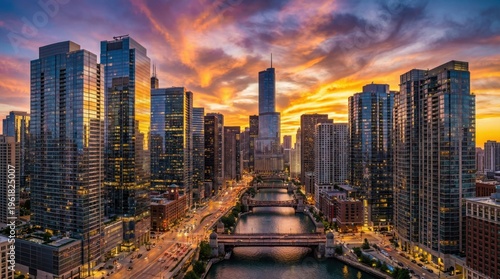 Aerial view of Chicago cityscape at sunset showcasing skyscrapers and river