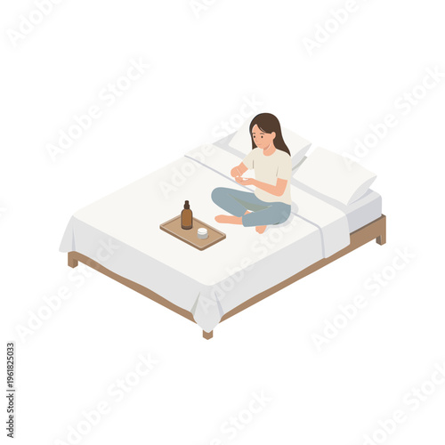 Woman Relaxing on Bed with Beverage and Tablet in Modern Room