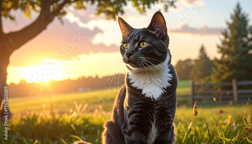 A serene cat sits in a lush green field at sunset
