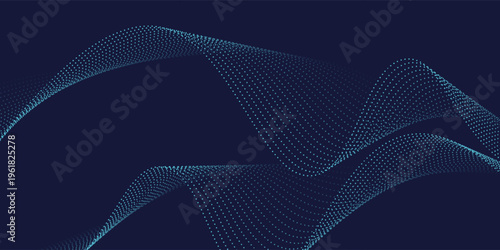 Flowing dots particles wave pattern in blue green colors. Vector curve light line. Abstract background banner design for music, Ai technology, neural network concept