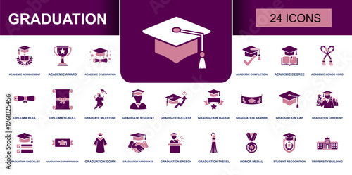 Graduation icon set. Containing academic award, degree, diploma roll, graduate student, graduation cap, tassel, honor medal, student recognition, ceremony and more. Solid vector icons.