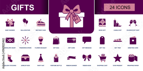 Gifts icon set. Containing baby shower, balloon pair, birthday cake, candle set, flower bouquet, gift bag, gift card, greeting card, ribbon bow, wrapping paper and more. Solid vector icons.