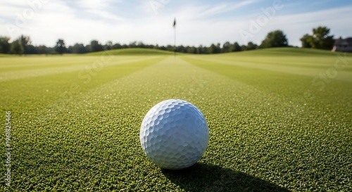 First-person perspective view of golf ball aligned toward distant hole across perfectly maintained green field