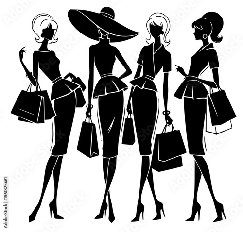 Set of elegant black and white retro fashion women silhouettes holding shopping bags