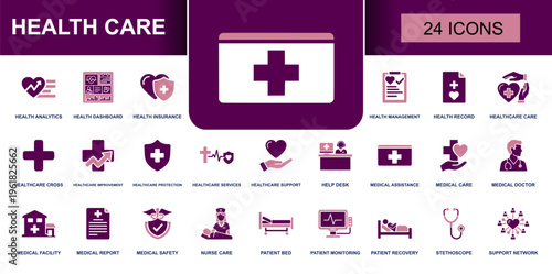 Health care icon set. Containing health analytics, health dashboard, insurance, medical doctor, nurse care, patient monitoring, stethoscope, support network and more. Solid vector icons.