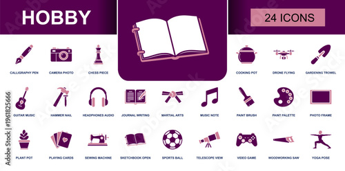 Hobby icon set. Containing calligraphy pen, camera photo, chess piece, drone flying, journal writing, paint palette, sewing machine, telescope view, yoga pose and more. Solid vector icons.