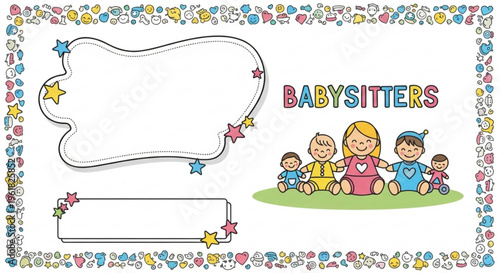 Colorful babysitters illustration with kids and decorative border