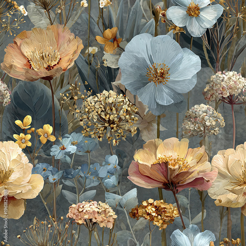 Soft blue and peach floral collage with delicate garden flowers and leaves, creating serene and elegant botanical pattern full of natural beauty and gentle charm