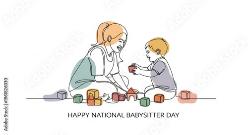 Woman babysitter and little boy playing with colorful blocks together on floor