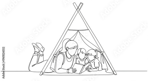 Family bonding in cozy tent parent and kids reading together in camping adventure