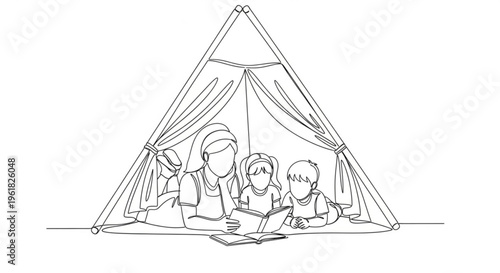 Family bonding in a cozy tent with children and laptop on a camping trip at night