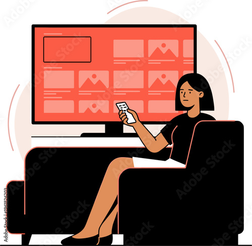 A woman sits on a couch watching photos on a large computer screen.