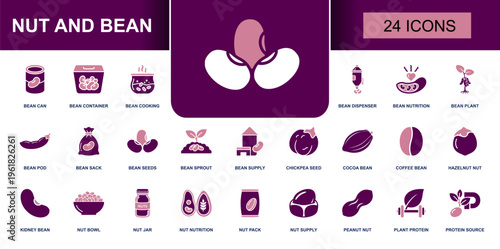Nut and bean icon set. Containing bean can, bean pod, bean sprout, chickpea seed, cocoa bean, coffee bean, hazelnut, peanut, plant protein, nut pack, food and more. Solid vector icons.