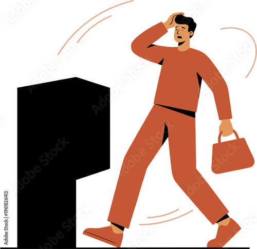 Man walks quickly with briefcase checking watch near large pillar indoors