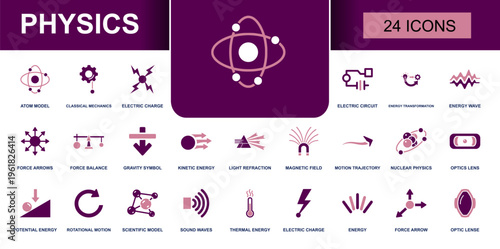 Physics icon set. Containing atom model, electric circuit, force balance, gravity symbol, light refraction, magnetic field, sound waves, thermal energy and more. Solid vector icons.