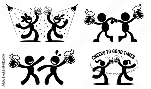 Happy stick figures drinking beer illustration set with celebration and social gathering theme  
