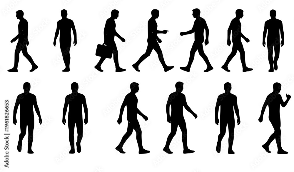 Fototapeta premium Title: Walking man silhouette set human walking action poses black vector illustration isolated on white