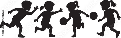 Kids Playing Ball Silhouette Children Running and Dribbling Outdoor Sport Activity Collection
