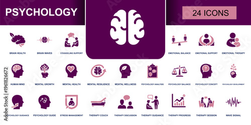 Psychology icon set. Containing brain health, counseling support, emotional therapy, mental resilience, therapy session, stress management, wellness, guidance and more. Solid vector icons.