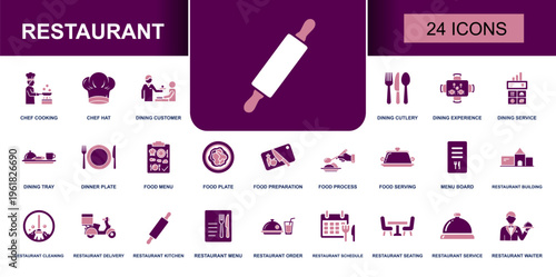 Restaurant icon set. Containing chef cooking, chef hat, dining service, food menu, food preparation, restaurant order, seating, waiter, delivery, kitchen and more. Solid vector icons.