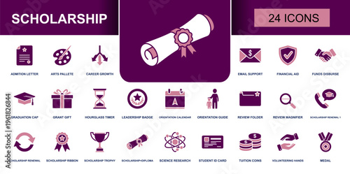 Scholarship icon set. Containing admission letter, financial aid, funds disburse, graduation cap, scholarship diploma, student ID card, tuition coins, medal and more. Solid vector icons.