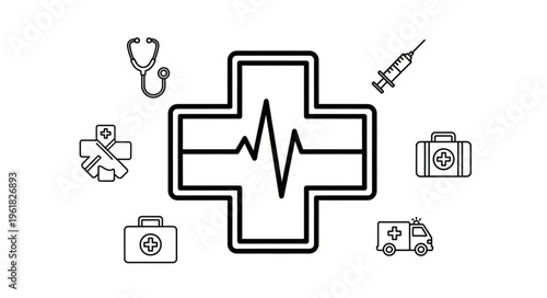 Medical Cross with Heartbeat and Healthcare Icons Line Art.