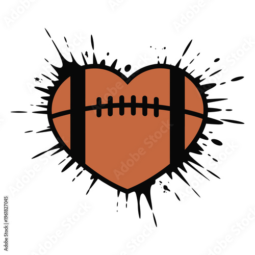 American Football Heart with Ink Splatter: Grunge Sports Vector 