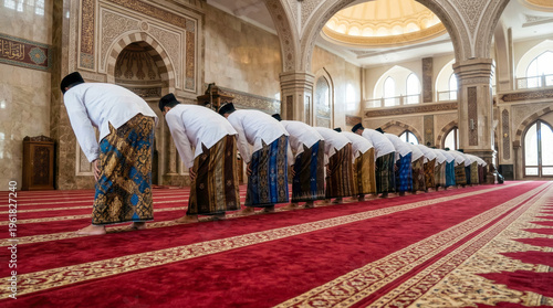 Row of Indonesian Muslim men bowing during congregational prayer in mosque