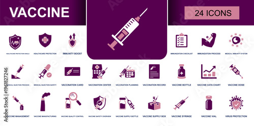 Vaccine icon set. Containing immunization, vaccination center, vaccine bottle, syringe, vial, immunity boost, virus protection and more. Solid vector icons collection for healthcare use.