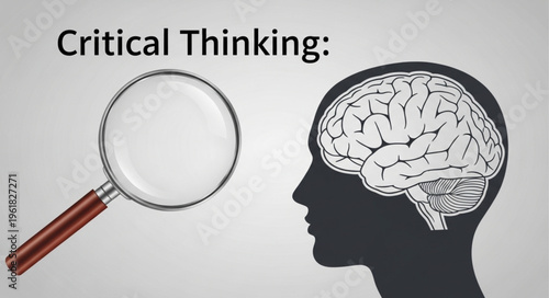 Critical Thinking Illustration - Magnifying Glass Examining the Human Brain.
