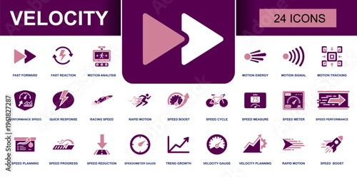 Velocity icon set. Containing fast forward, motion tracking, speed meter, rapid motion, speed boost, speedometer gauge, trend growth and more. Solid vector icons collection for motion use.