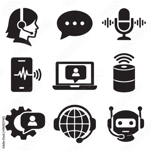 Virtual Assistant Icons Pack – Customer Support, AI Bot, Helpdesk Vector Set