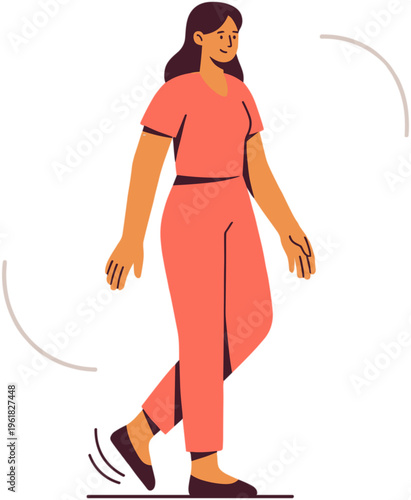 A woman in pink outfit walking alone on a plain background with motion lines