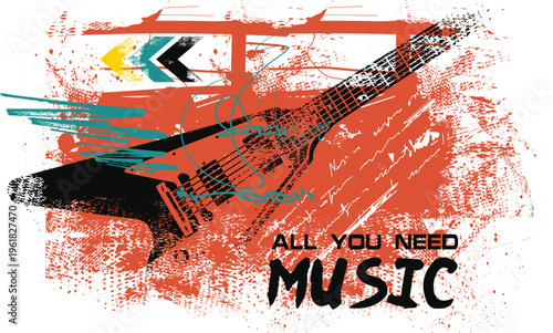 grunge illustration design, Guitar silhouette illustration grunge texture, typography street art graffiti, guitar symbolic image graffiti style, street art graffiti vector for graphic tee t shirt, tee