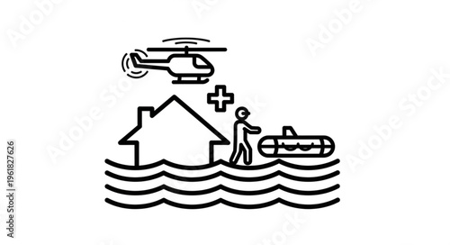 Flood Rescue Operation Illustration - Helicopter, House, Person, and Inflatable Boat.