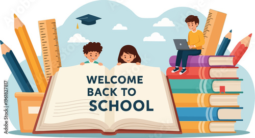 Welcome Back to School vector banner, cartoon students with giant books and stationery, educational background for posters and social media