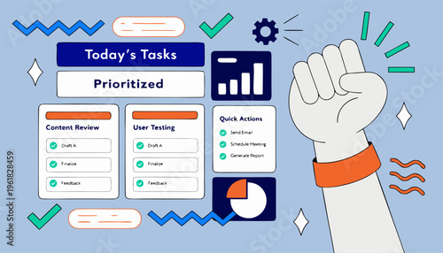 A vector graphic illustration of a clenched fist surrounded by task management icons and charts on a light blue background