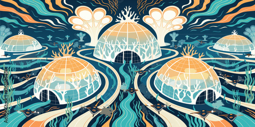 An underwater futuristic cityscape illustration with domed buildings and marine life
