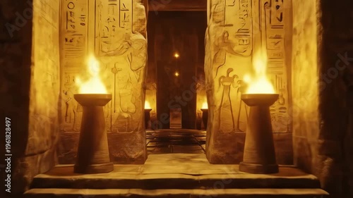 A slow forward movement through a dark, mysterious ancient Egyptian temple interior, lit by flickering torches and golden light.